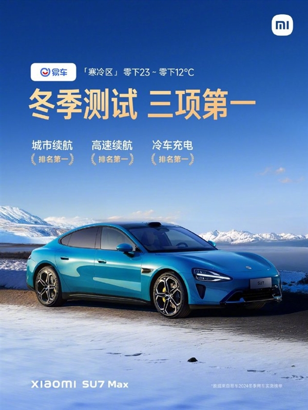 小米SU7冬季实测大获全胜:夺全场三个第一(图1) 小米SU7冬季实测大获全胜:夺全场三个第一
