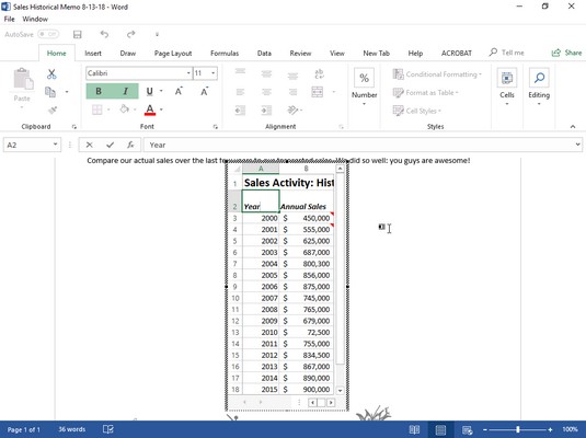 如何使用Word 2019共享Excel 2019数据(图3) 编辑嵌入式Excel数据