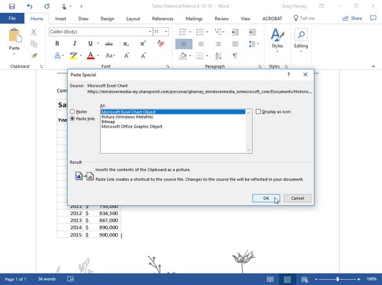 如何使用Word 2019共享Excel 2019数据(图4) 单词粘贴特殊对话框