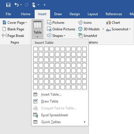 如何在Word 2019中创建和格式化表格?(图1) 表格下拉菜单Office 2019